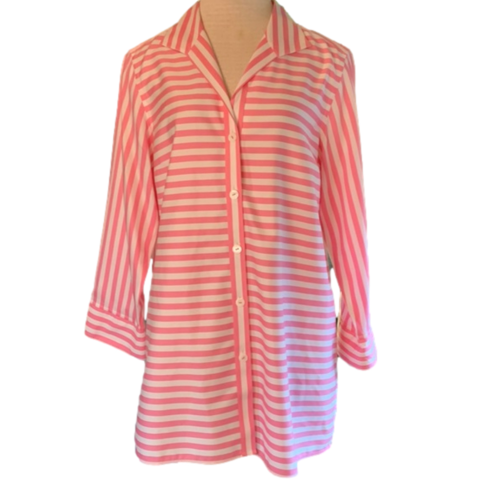 FOXCROFT size 14 Heritage non-iron pink and white stripe tunic button down top